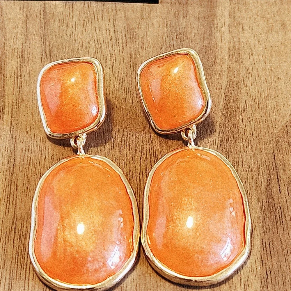 Orange Shimmer Resin Drop Earrings Gold Tone Geometric Statement Dangle 2.0
